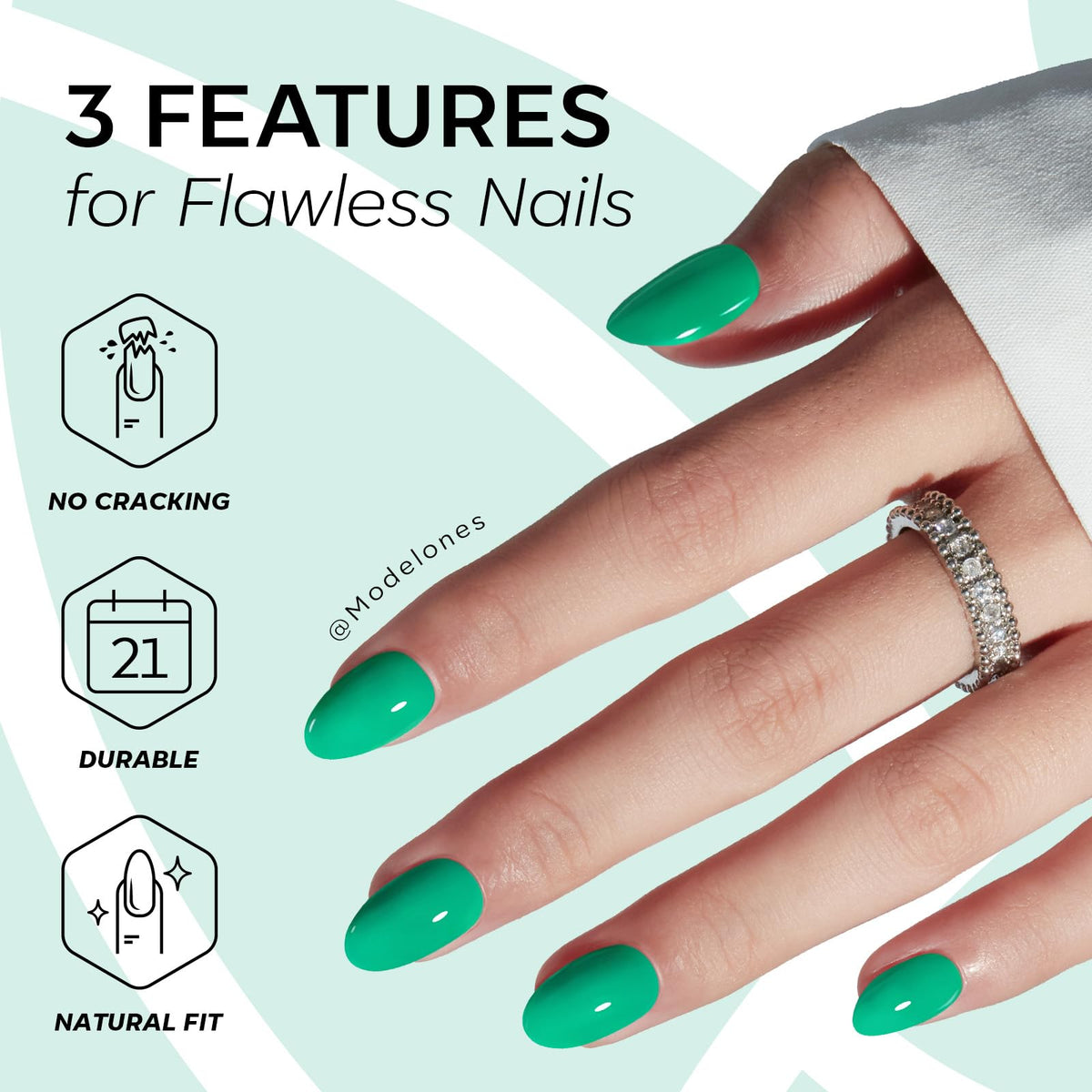 modelones Bright Green Short Press on Nails applied on hands