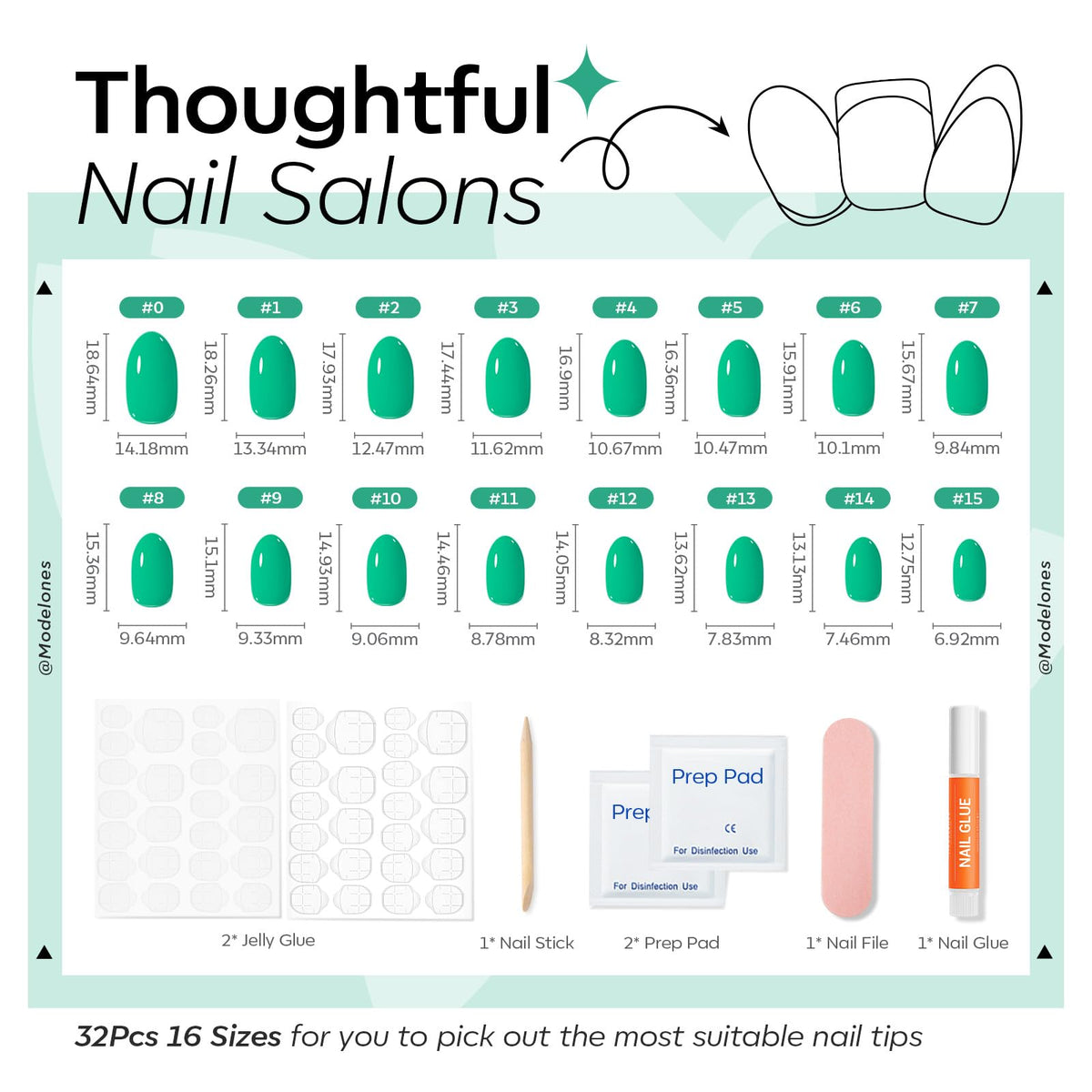 modelones Bright Green Short Press on Nails with mini nail file and cuticle stick