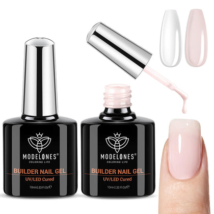modelones Builder Nail Gel 2 Pcs clear and cover nude base coat front view