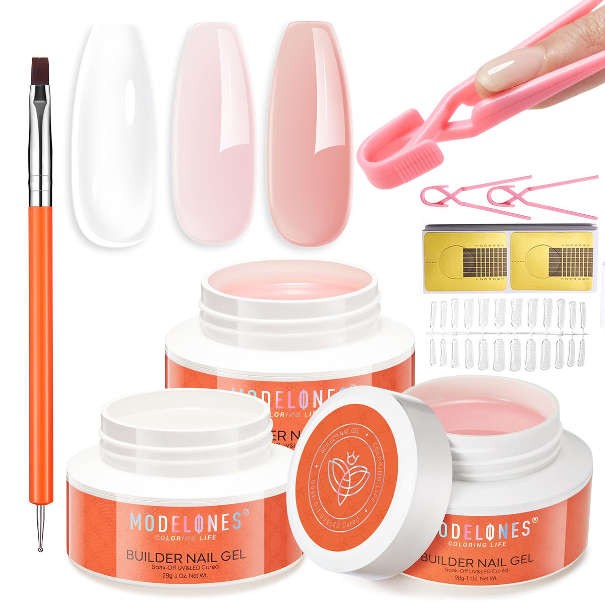 modelones Builder Nail Gel Kit with three jars of gel in Clear, Nude, and Pink