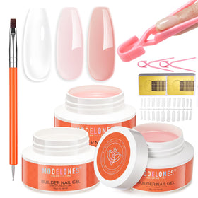 modelones Builder Nail Gel Kit with three jars of gel in Clear, Nude, and Pink