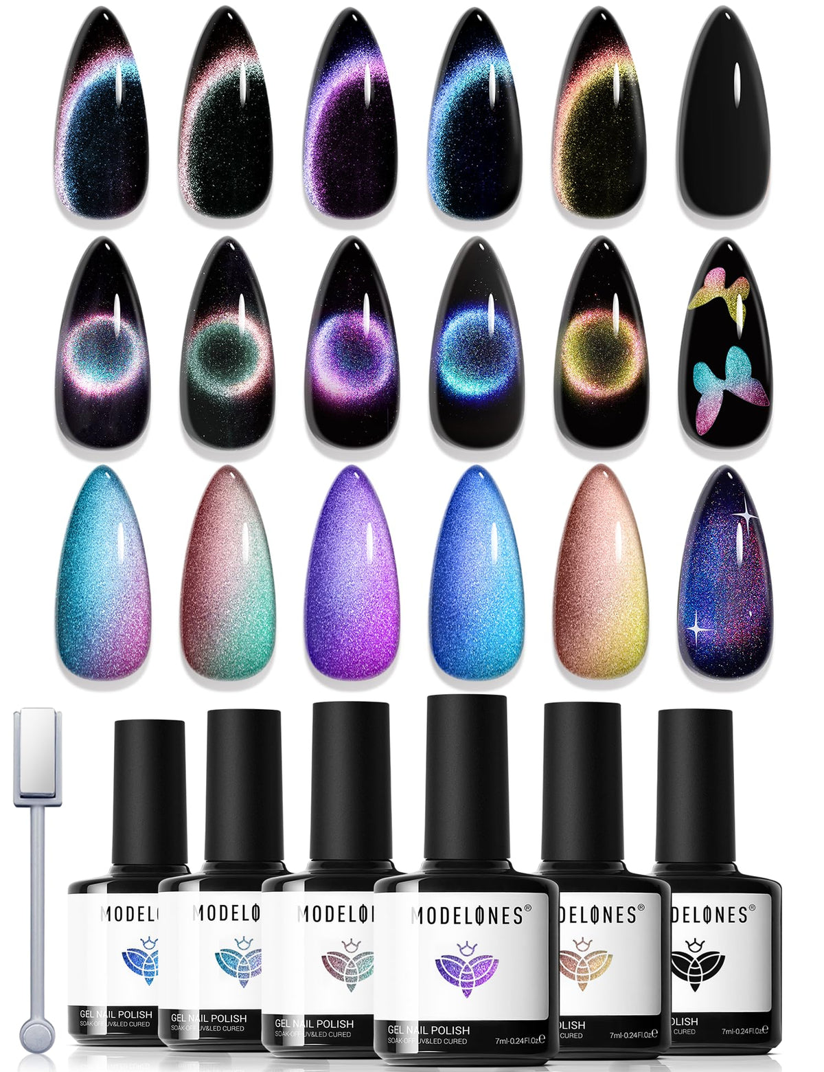 modelones Cat Eye Gel Nail Polish Set front view with six colours