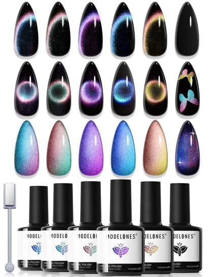 modelones Cat Eye Gel Nail Polish Set front view with six colours