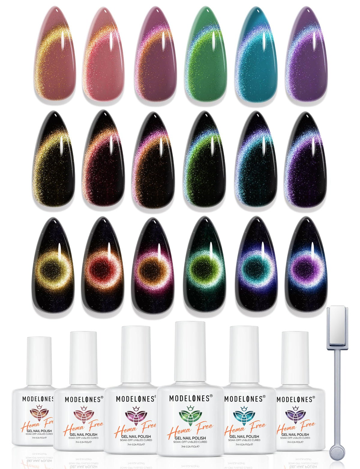 modelones Cat Eye Gel Nail Polish Set front view with six vibrant colours