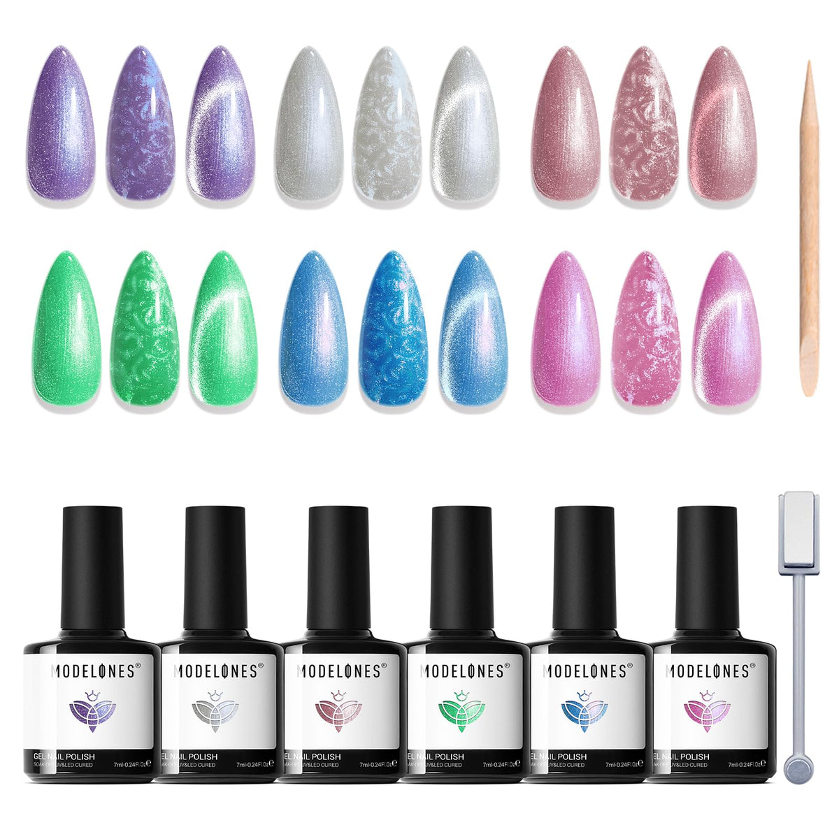 modelones Cat Eye Gel Nail Polish Set with 6 colours front view