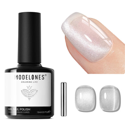 modelones Cat Eye Gel Nail Polish Silver White Glitter front view