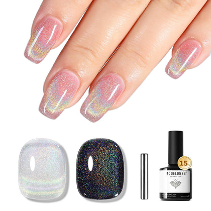 modelones Cat Eye Rainbow Gel Nail Polish front view with holographic glitter