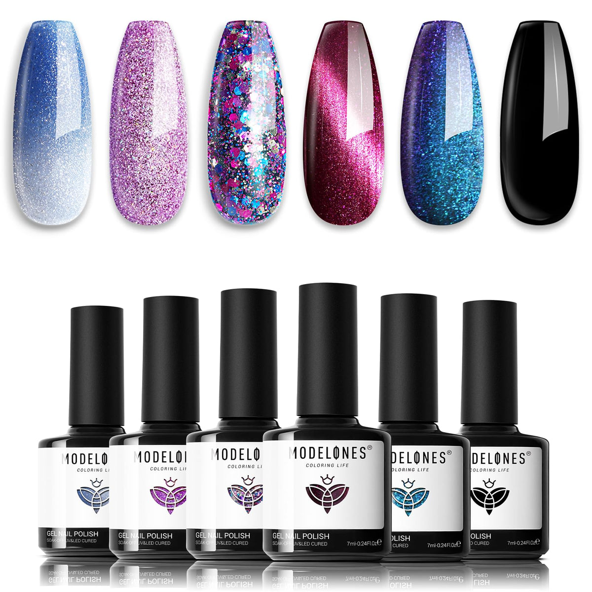 modelones Color Changing Cat Eye Gel Nail Polish Set front view with six glitter shades