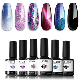 modelones Color Changing Cat Eye Gel Nail Polish Set front view with six glitter shades