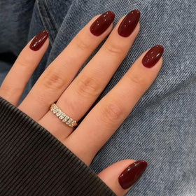 modelones Dark Red Press on Nails Short Almond front view