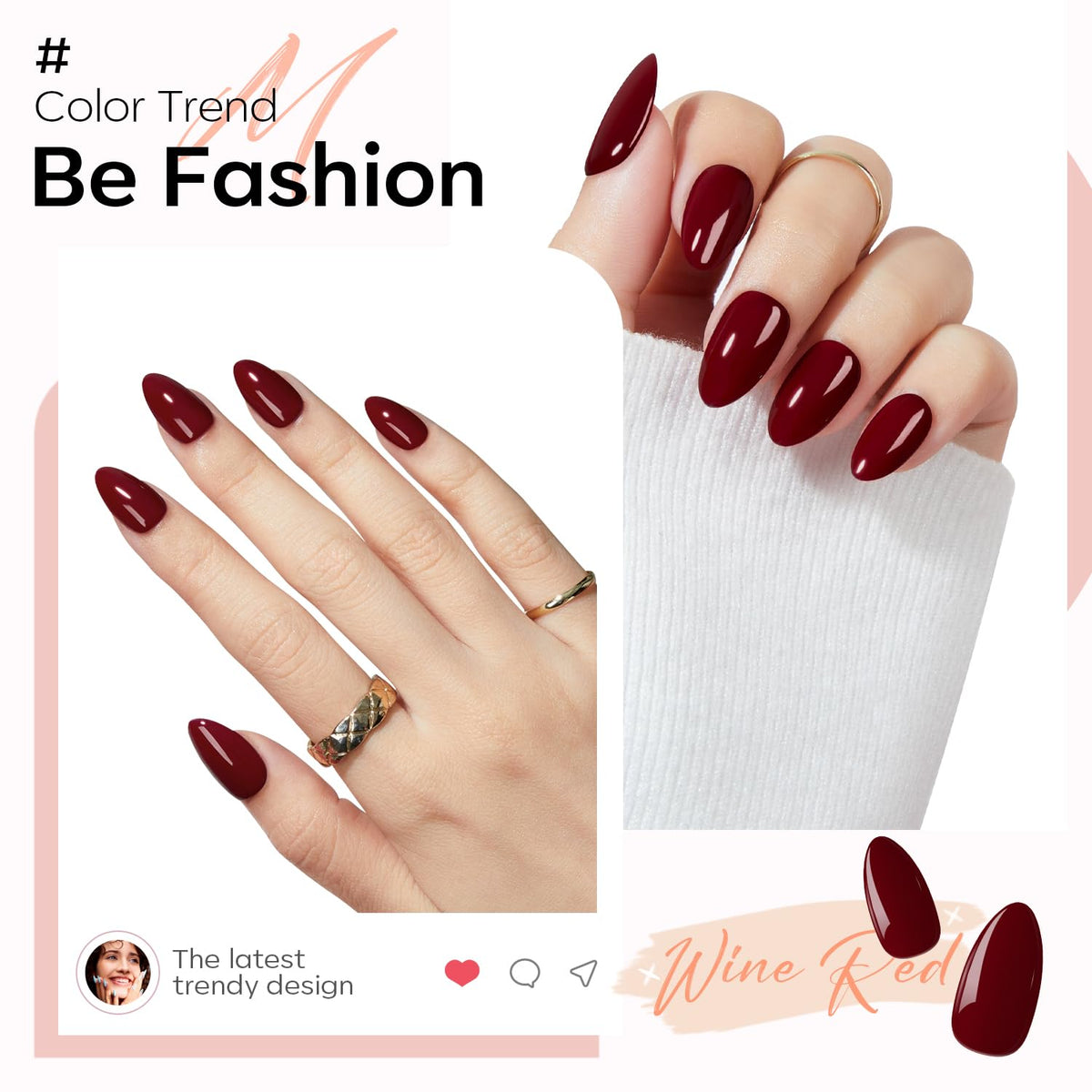 modelones Dark Red Press on Nails Short Almond side view
