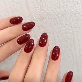modelones dark red short press on nails set front view with nail glue