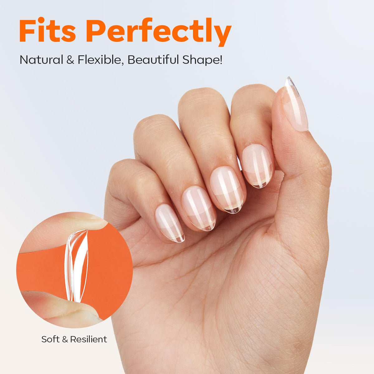 modelones Extra Short Almond Nail Tips in use on manicured nails