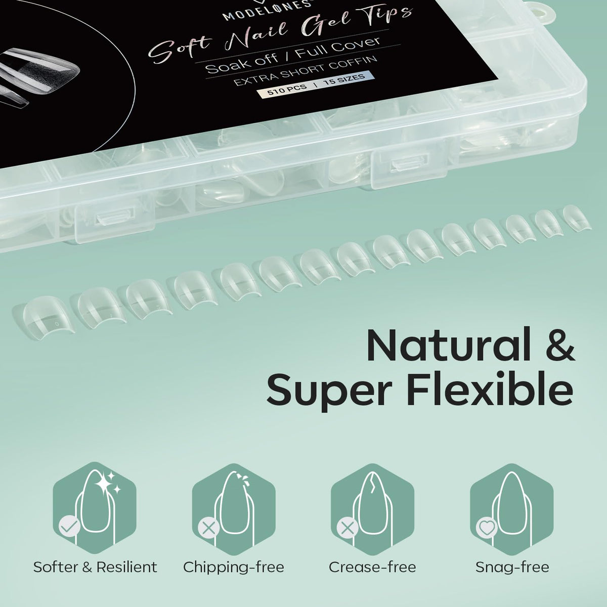 modelones Extra Short Coffin Nail Tips displayed with nail art tools