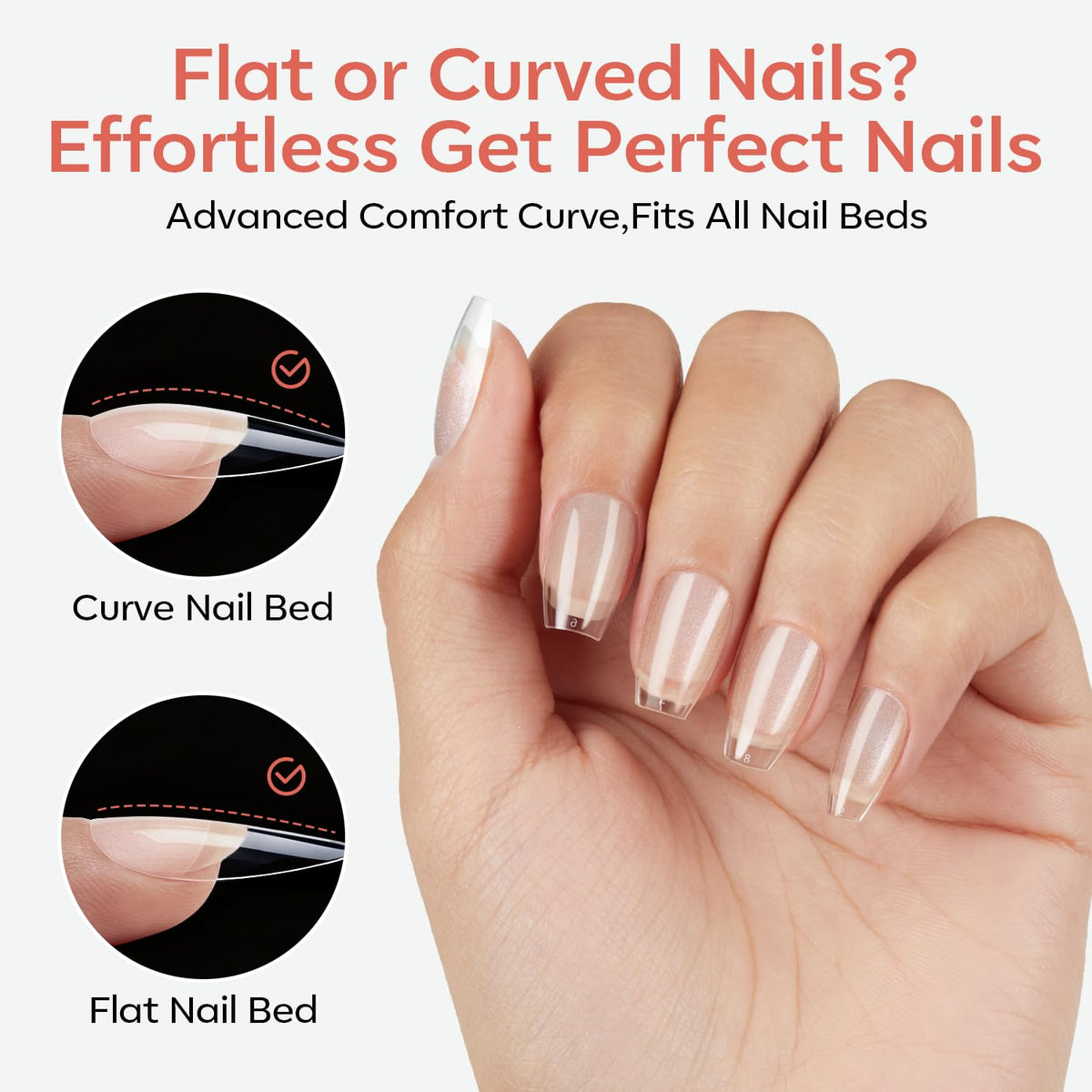 Modelones Extra Short Coffin Nail Tips in use on manicured hands