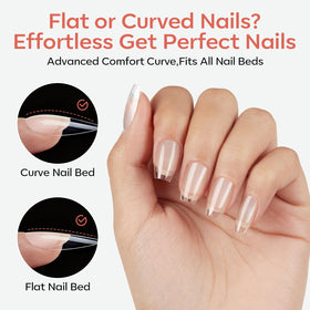 Modelones Extra Short Coffin Nail Tips in use on manicured hands