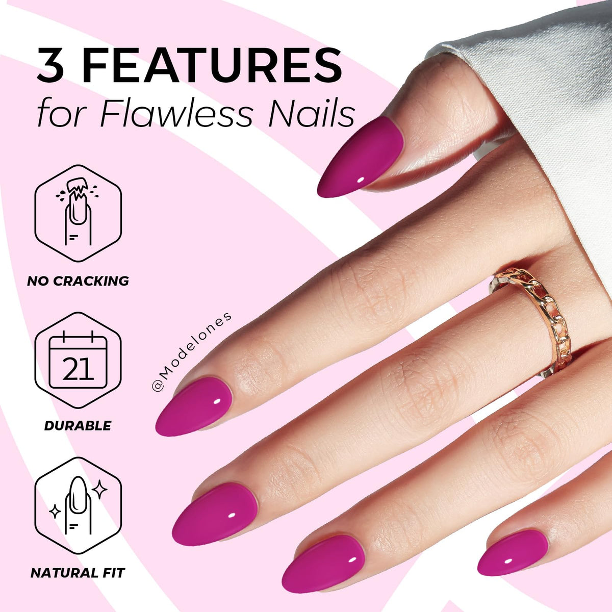 modelones Fuchsia Press On Nails displayed on a hand
