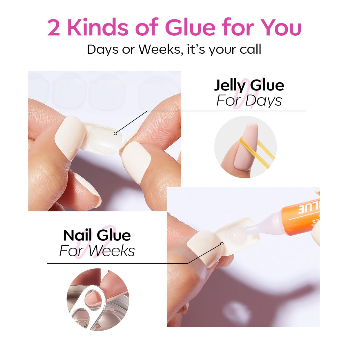 modelones Fuchsia Press on Nails with nail glue and tools