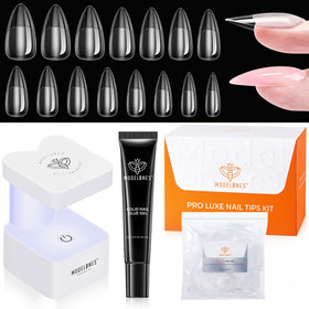 modelones Gel Nail Kit contents including almond tips and UV lamp