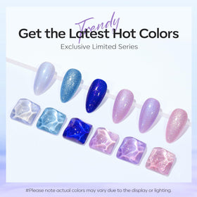modelones Gel Nail Polish 7ml bottles in Glitter Blue, Pink, and Purple