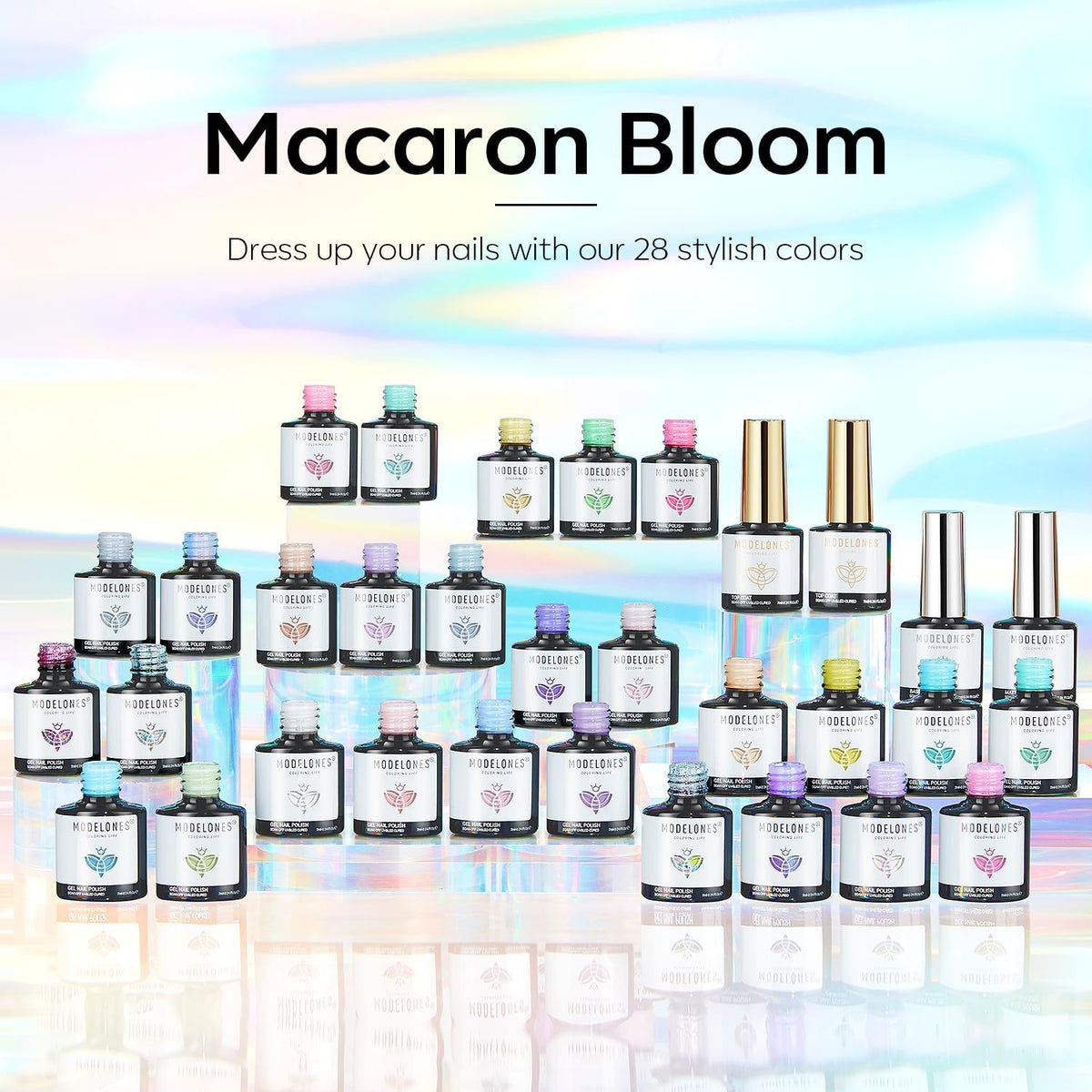 modelones Gel Nail Polish bottles arranged with a glittery background