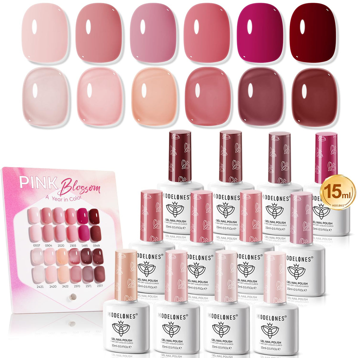 modelones Gel Nail Polish Set 12Pcs pink and beige shades front view
