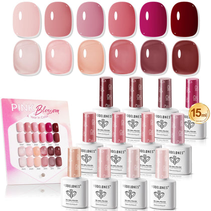 modelones Gel Nail Polish Set 12Pcs pink and beige shades front view
