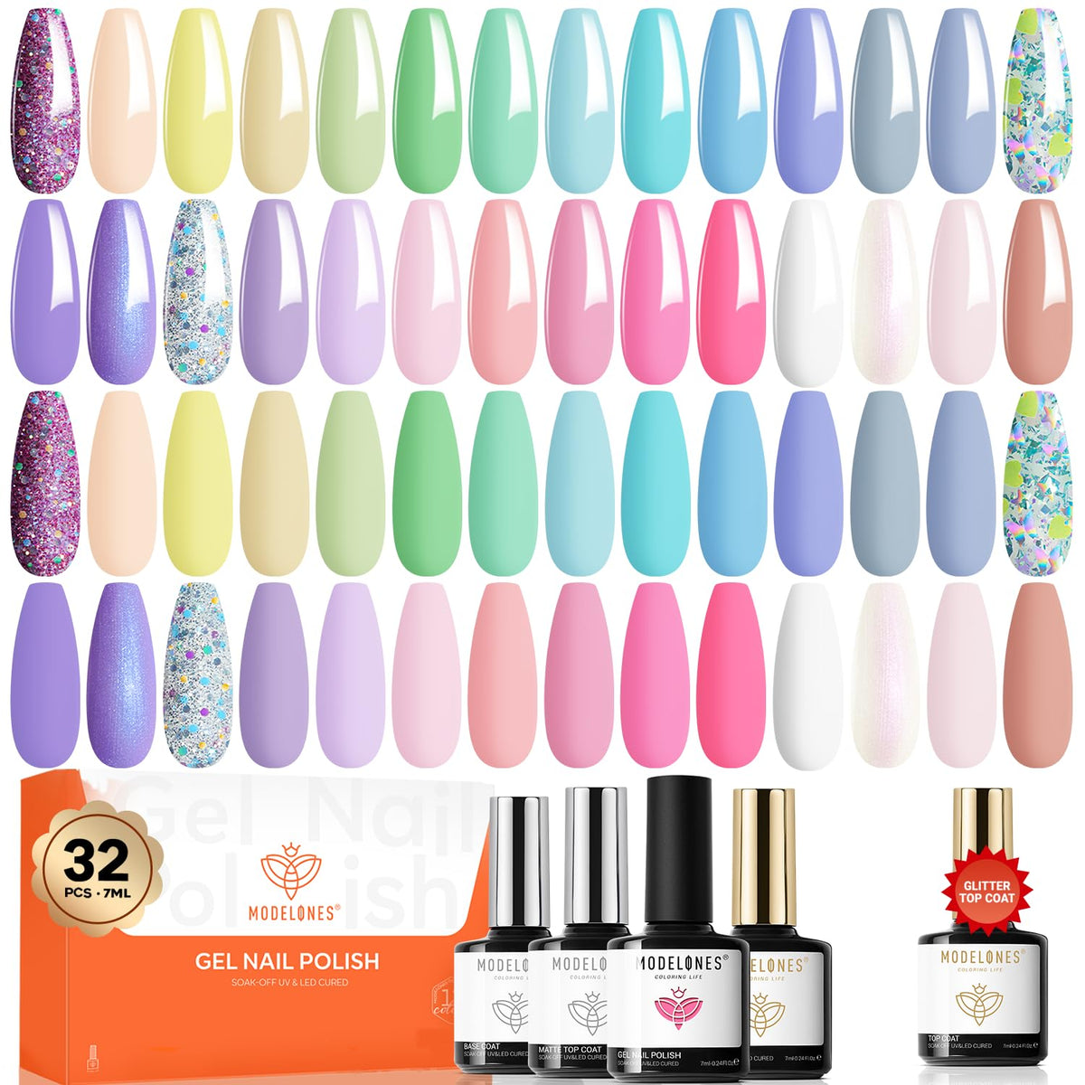 modelones Gel Nail Polish Set 32PCS with various colours and glitter