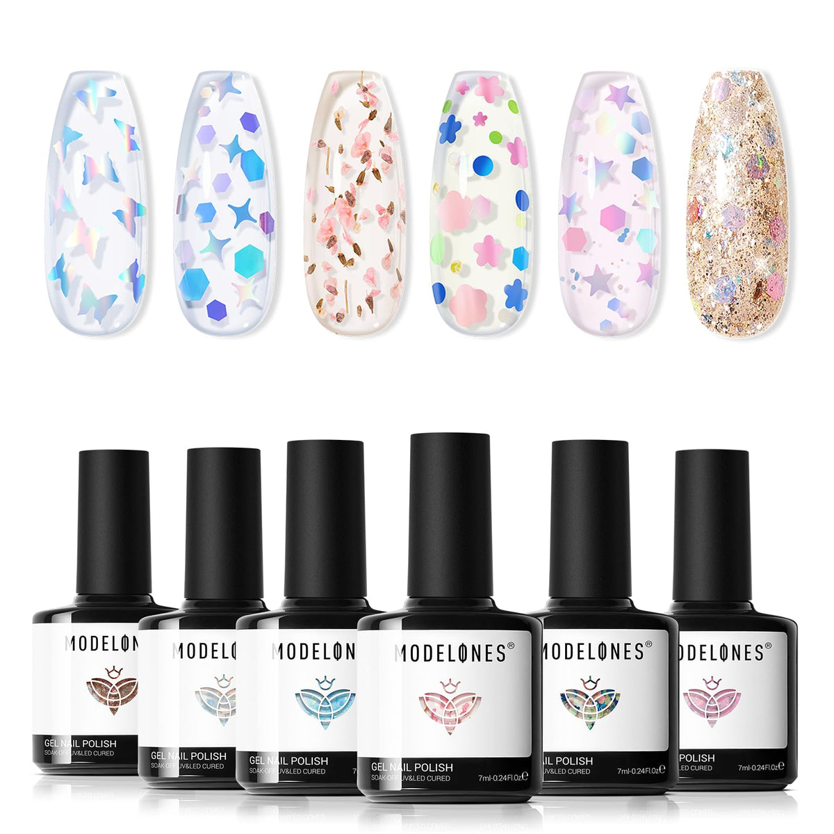 modelones Gel Nail Polish Set 6 Glitter Shades front view