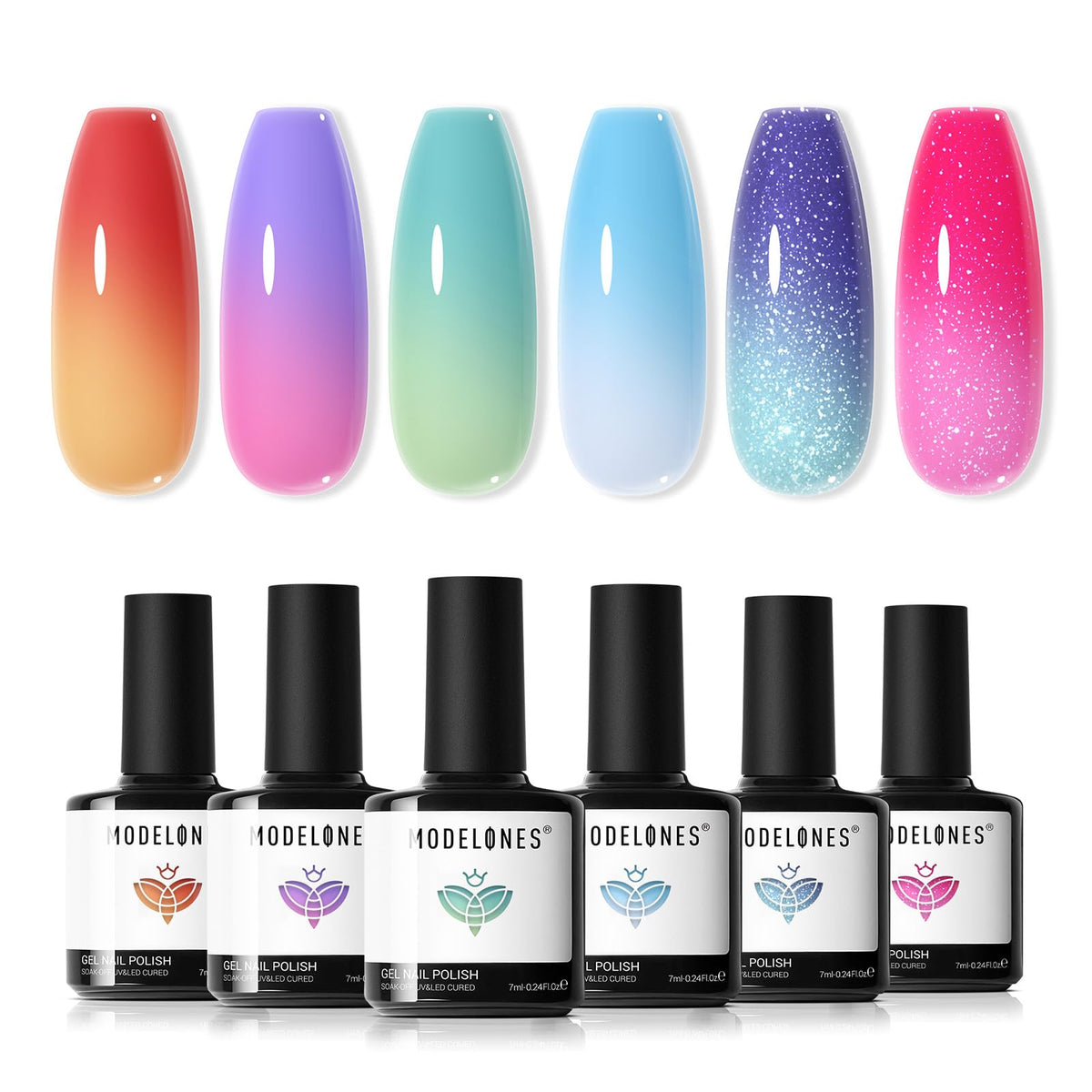 modelones Gel Nail Polish Set with 6 glitter shades in packaging