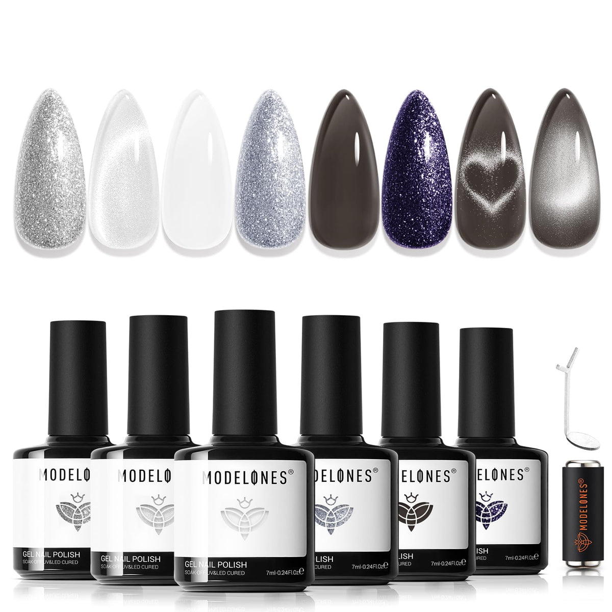 modelones Gel Nail Polish Set with trendy shades and heart cat eye magnet