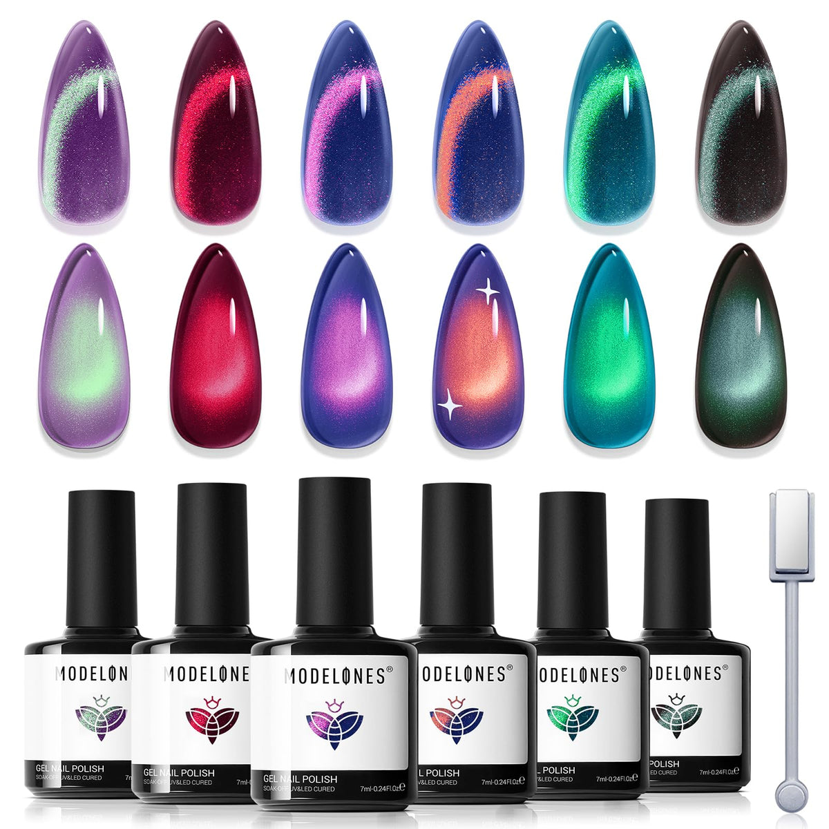 modelones Glitter Cat Eye Gel Nail Polish Set front view with 6 colours