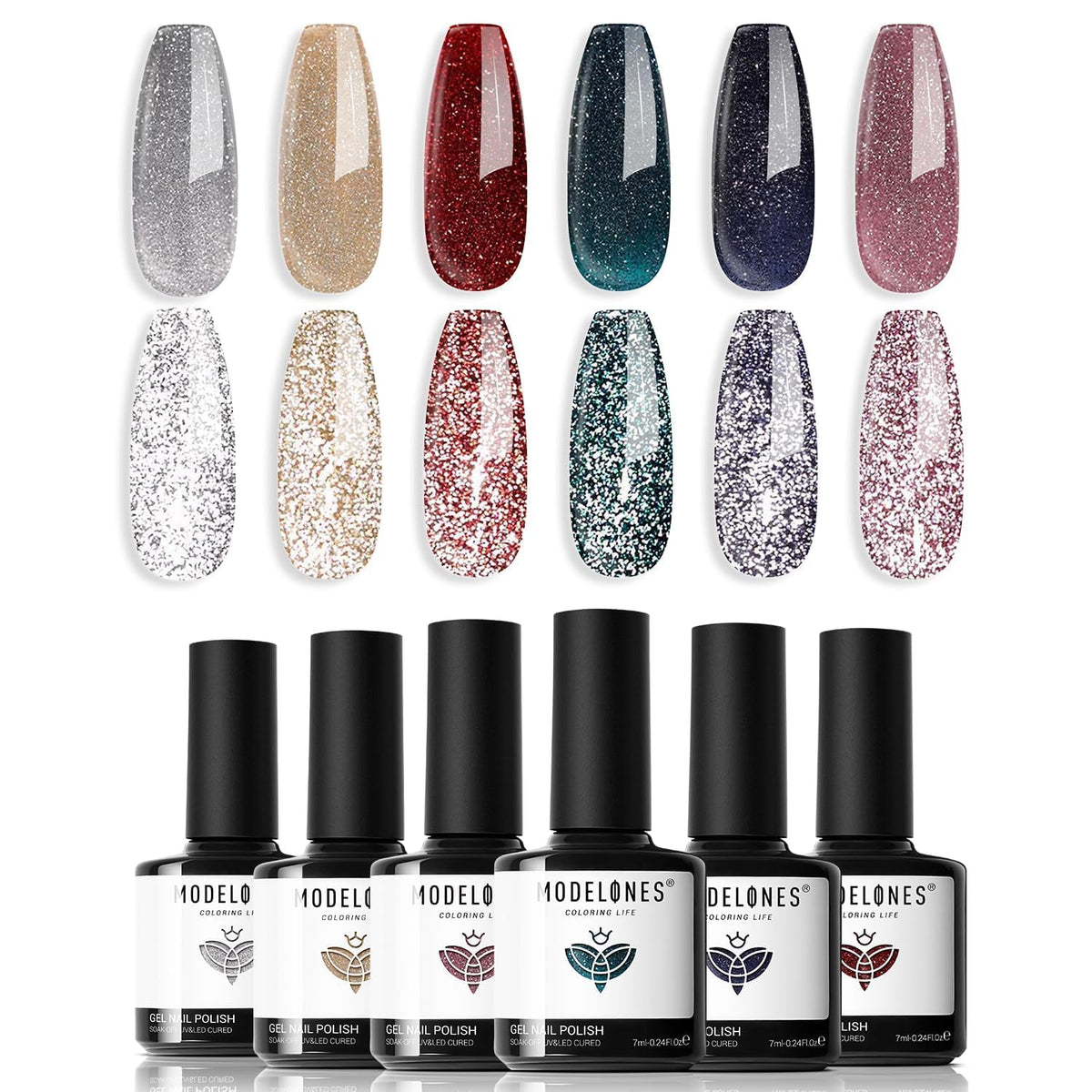 modelones Glitter Gel Nail Polish Set with six colours front view