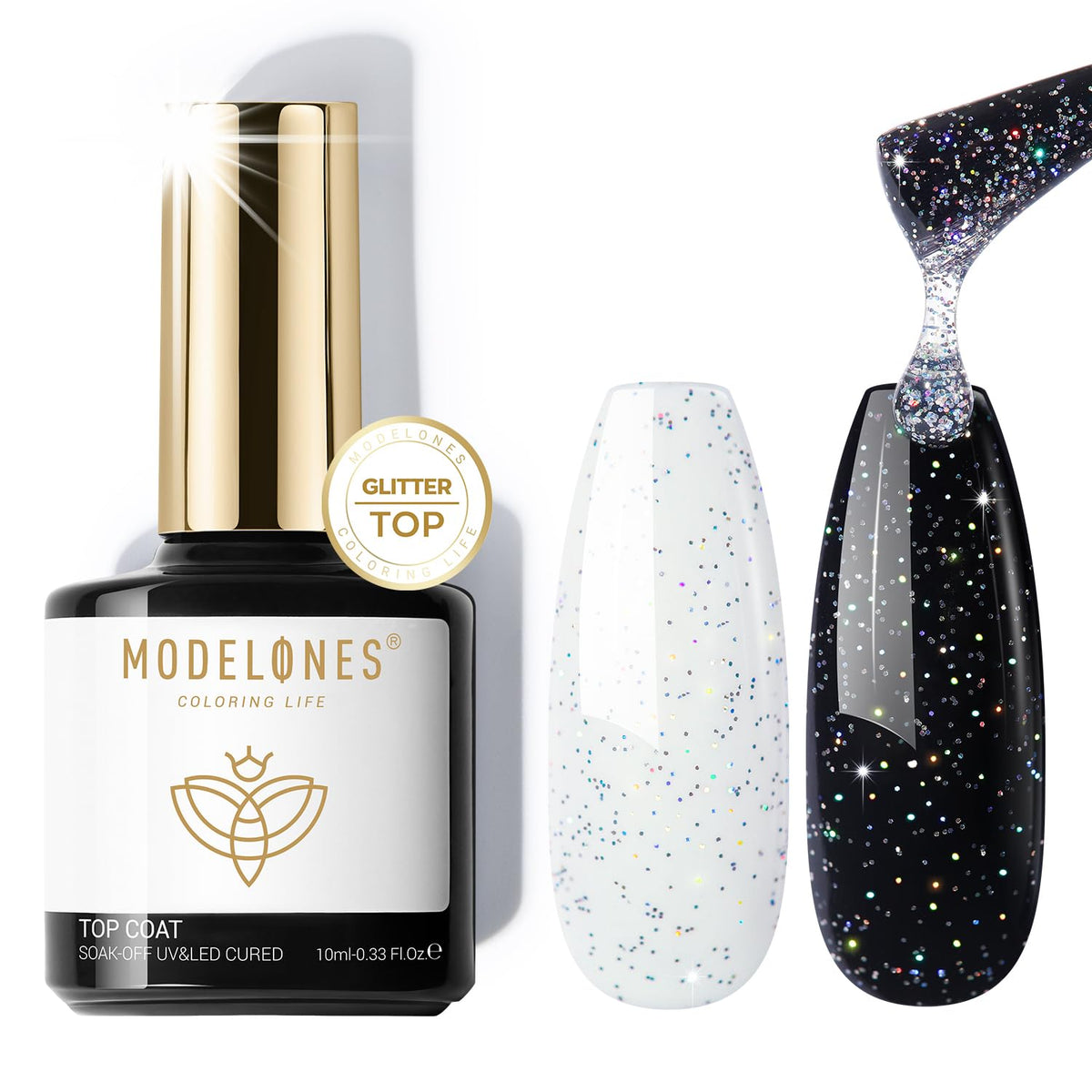 modelones Glitter Gel Top Coat front view with glitter finish
