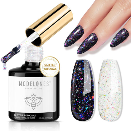 modelones Glitter Gel Top Coat front view with rainbow confetti