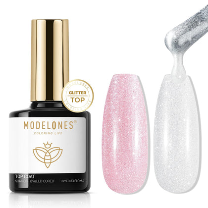 modelones Glitter Gel Top Coat front view with white aurora glitter