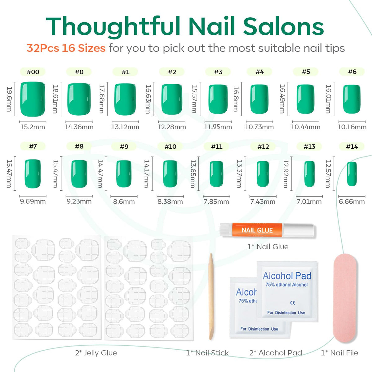modelones Green Neon Press on Nails showing different sizes