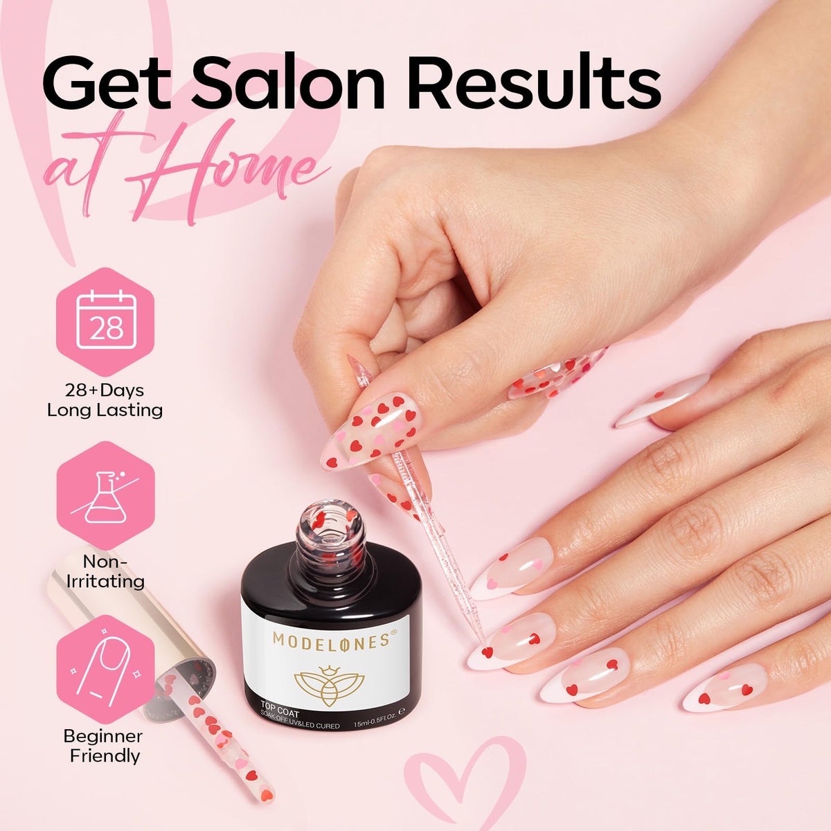 modelones Heart Glitter Gel Top Coat with various nail art designs