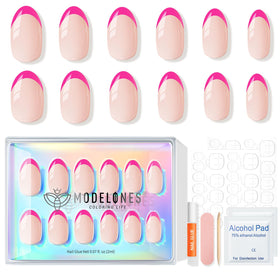 modelones Hot Pink French Tip Press On Nails with nail glue and file