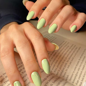 modelones Light Green Press on Nails Short Almond front view