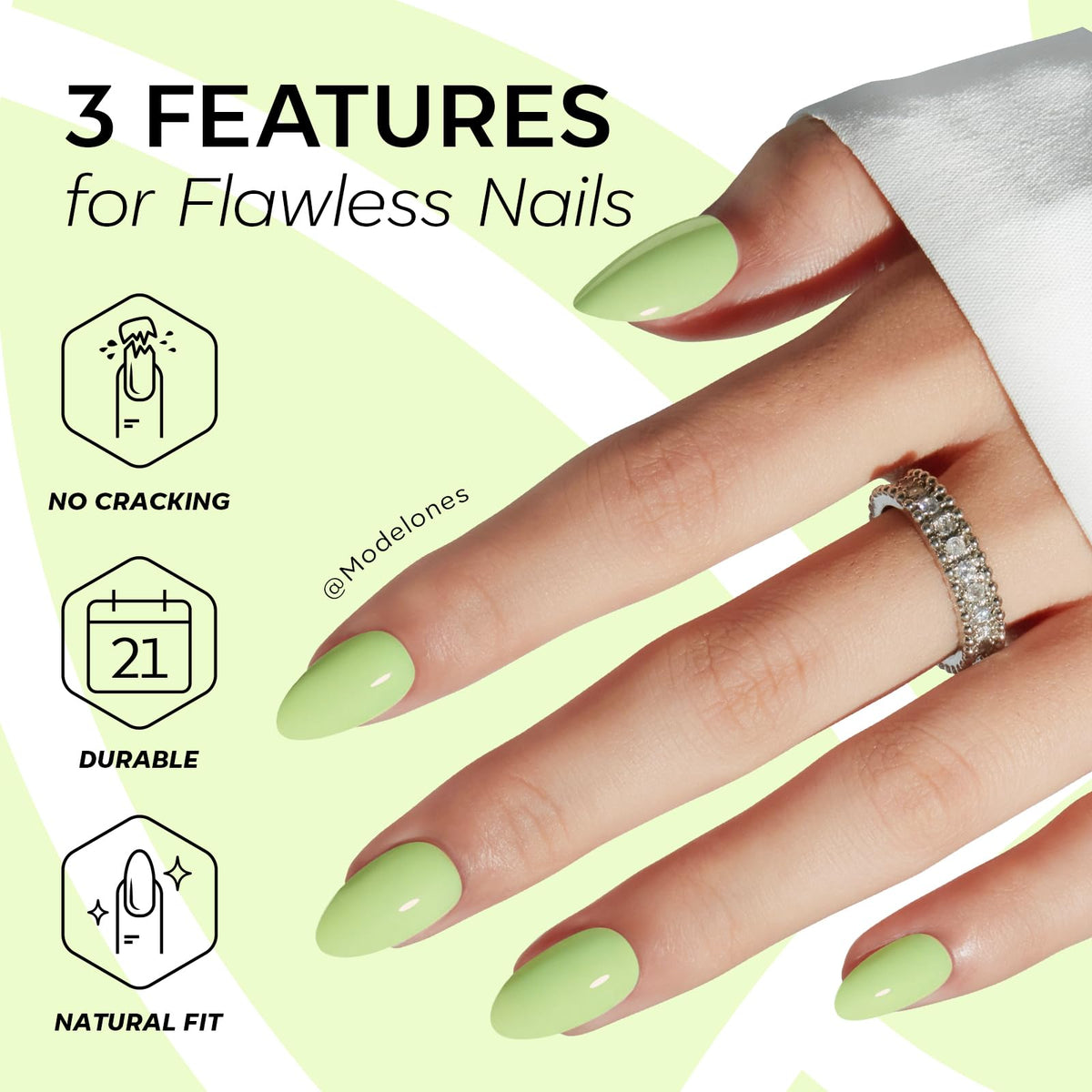 modelones Light Green Press on Nails Short Almond with nail glue and accessories