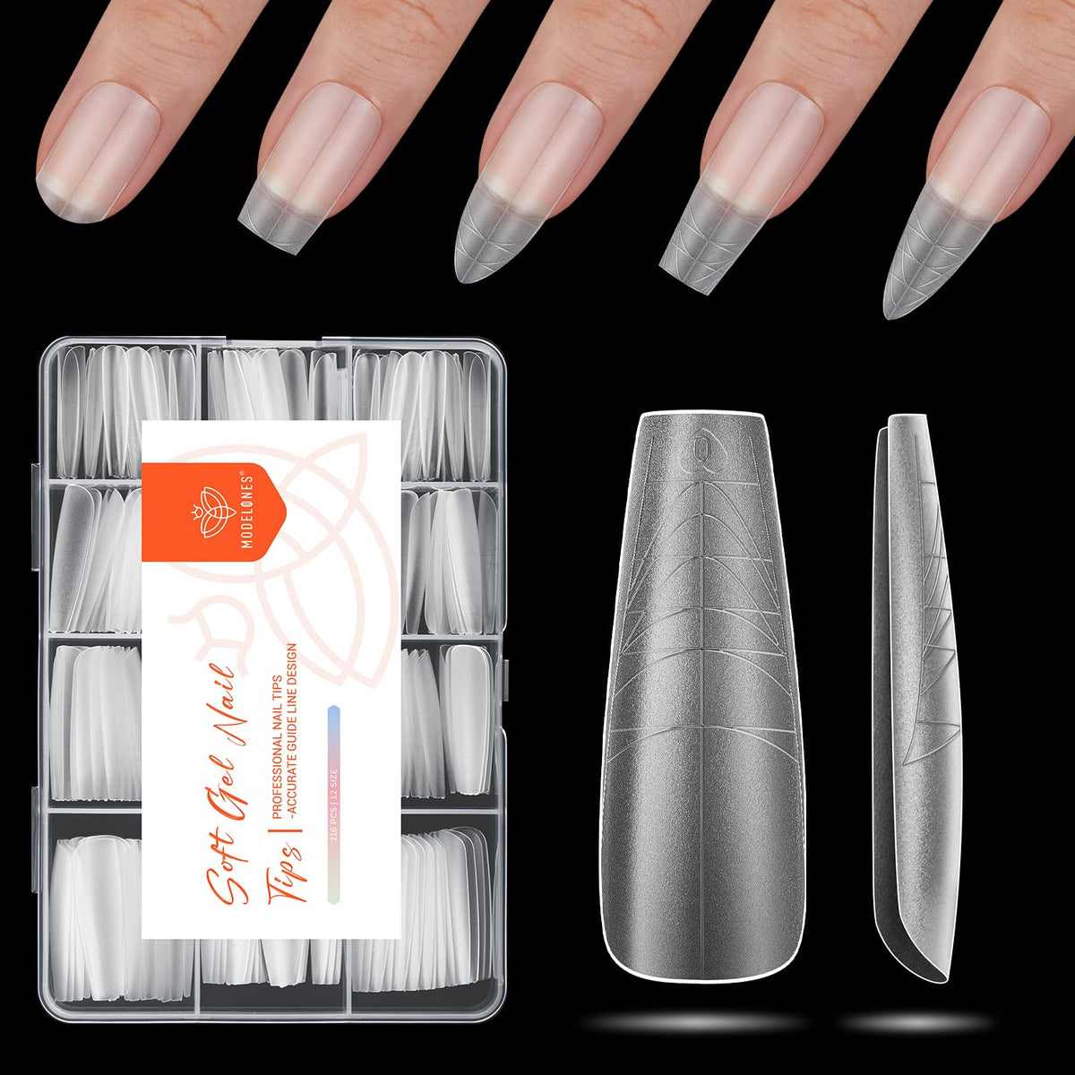 modelones Long Coffin Nail Tips 216 pcs front view