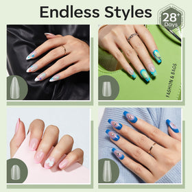 modelones Long Coffin Nail Tips on a nail art display