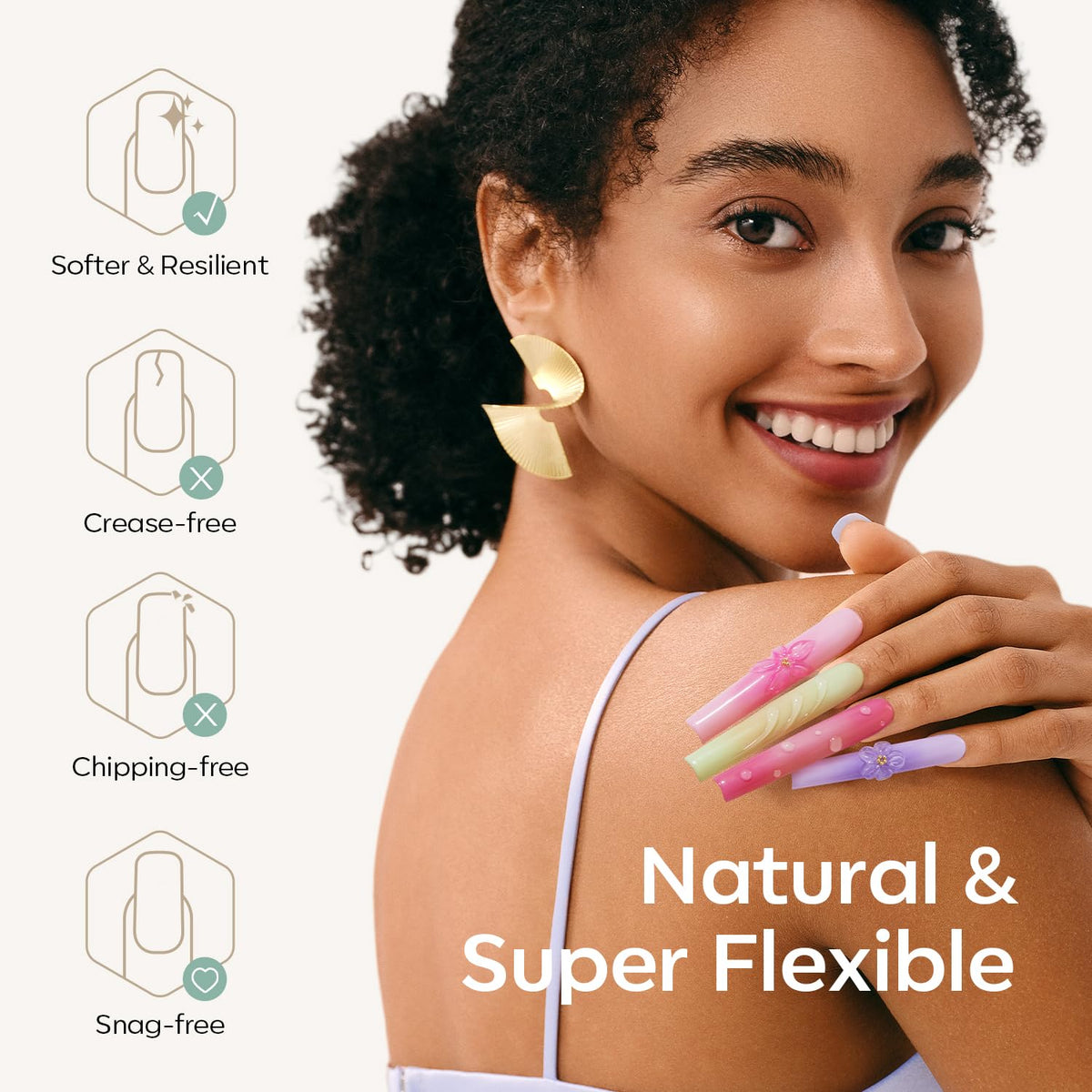 Modelones Long Square Nail Tips in a nail salon setting