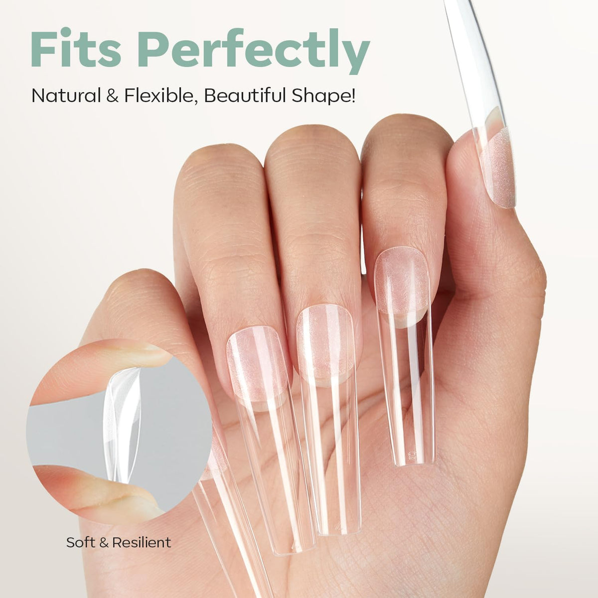 Modelones Long Square Nail Tips with gel polish application