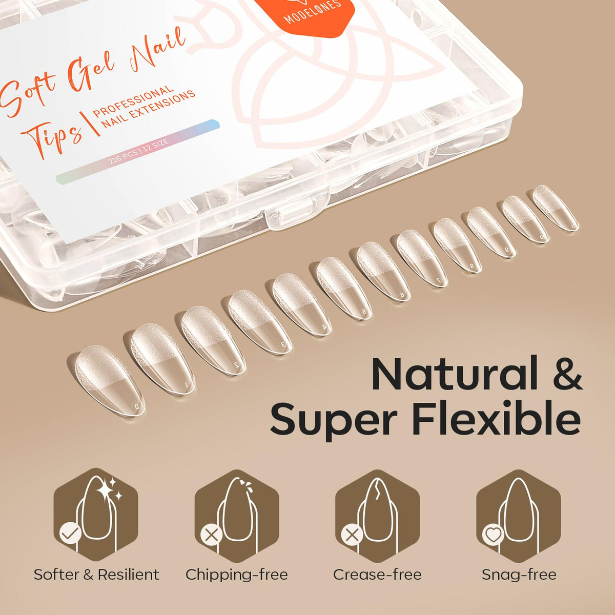 modelones Medium Almond Nail Tips in a nail salon setting