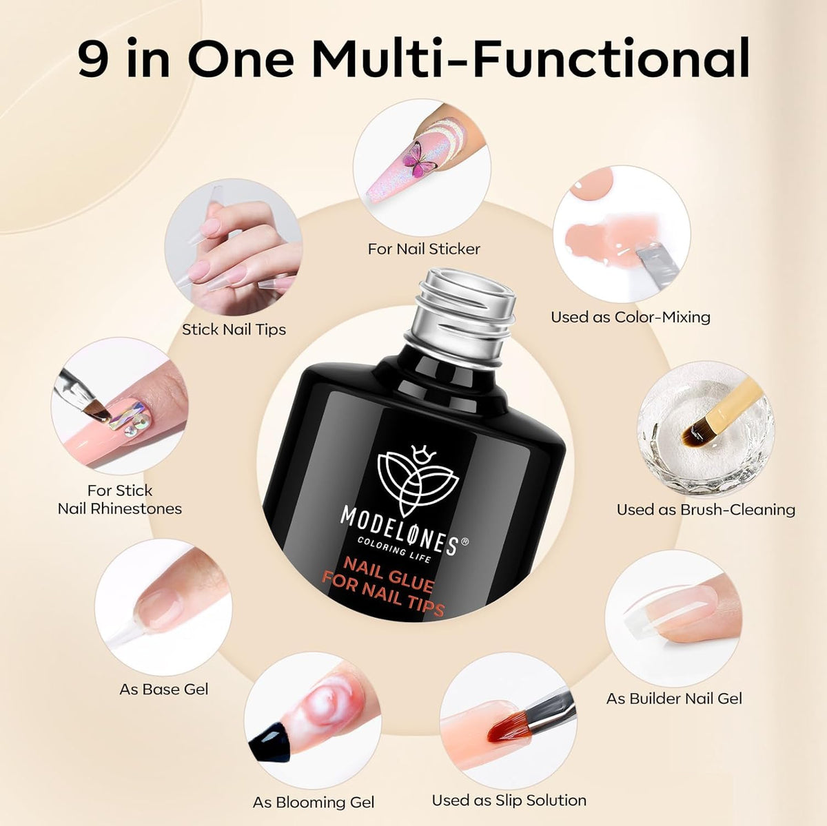 modelones nail gel glue set displayed with nail art tools