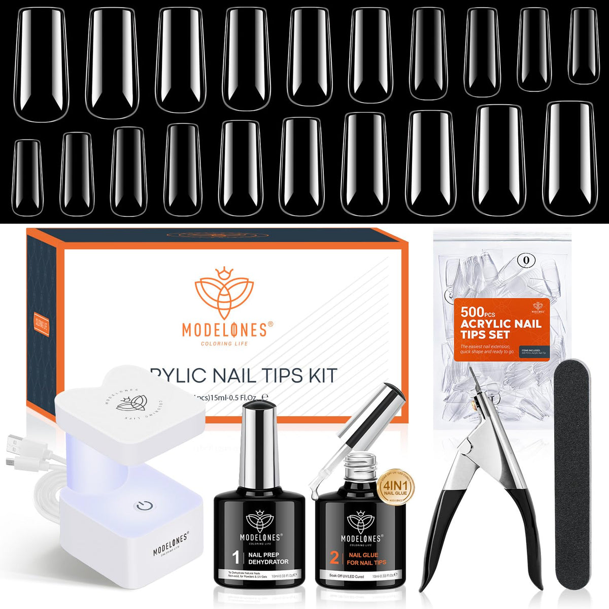 modelones Nail Gel Kit contents including nail glue and tips