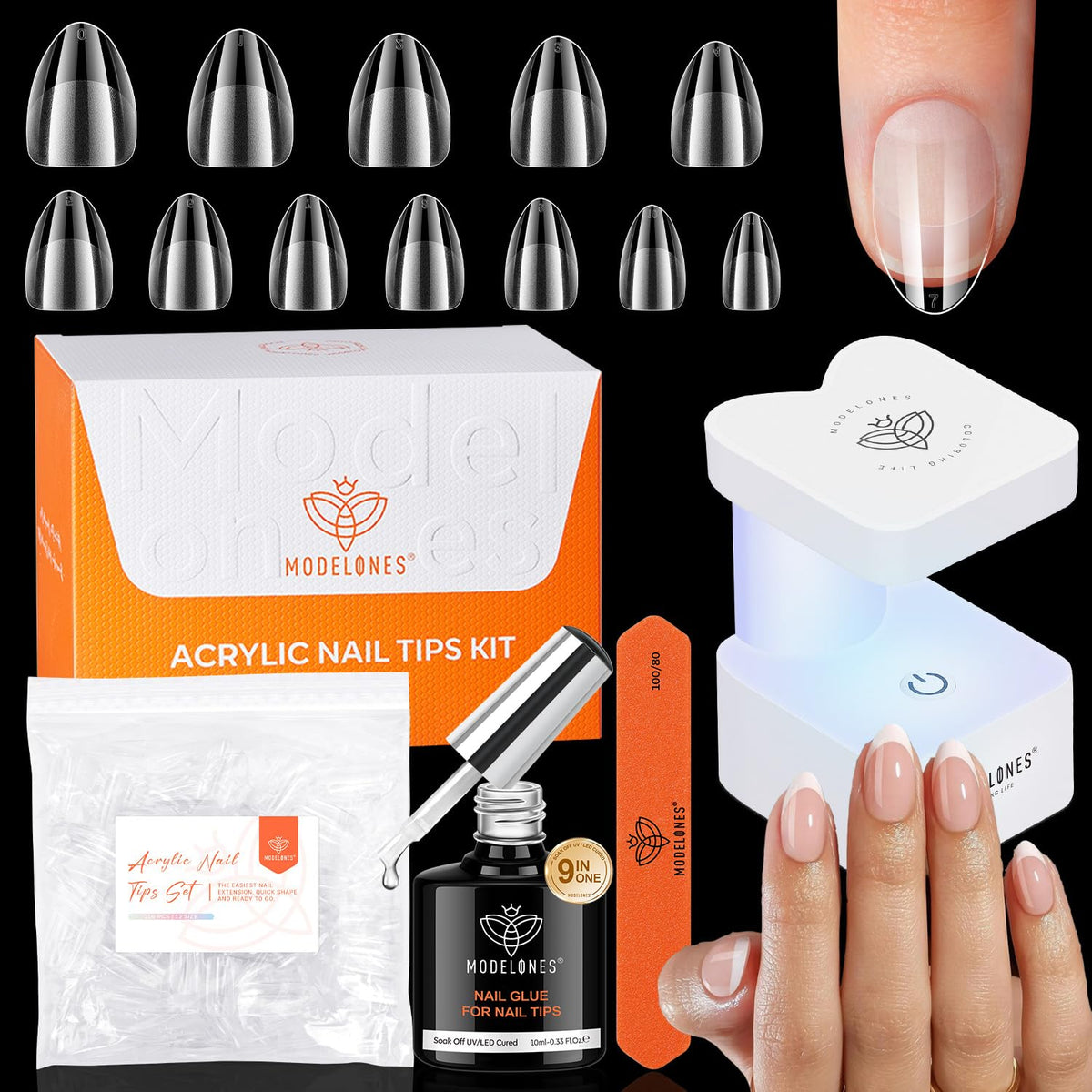 modelones Nail Gel Kit contents including nail glue, tips, and lamp