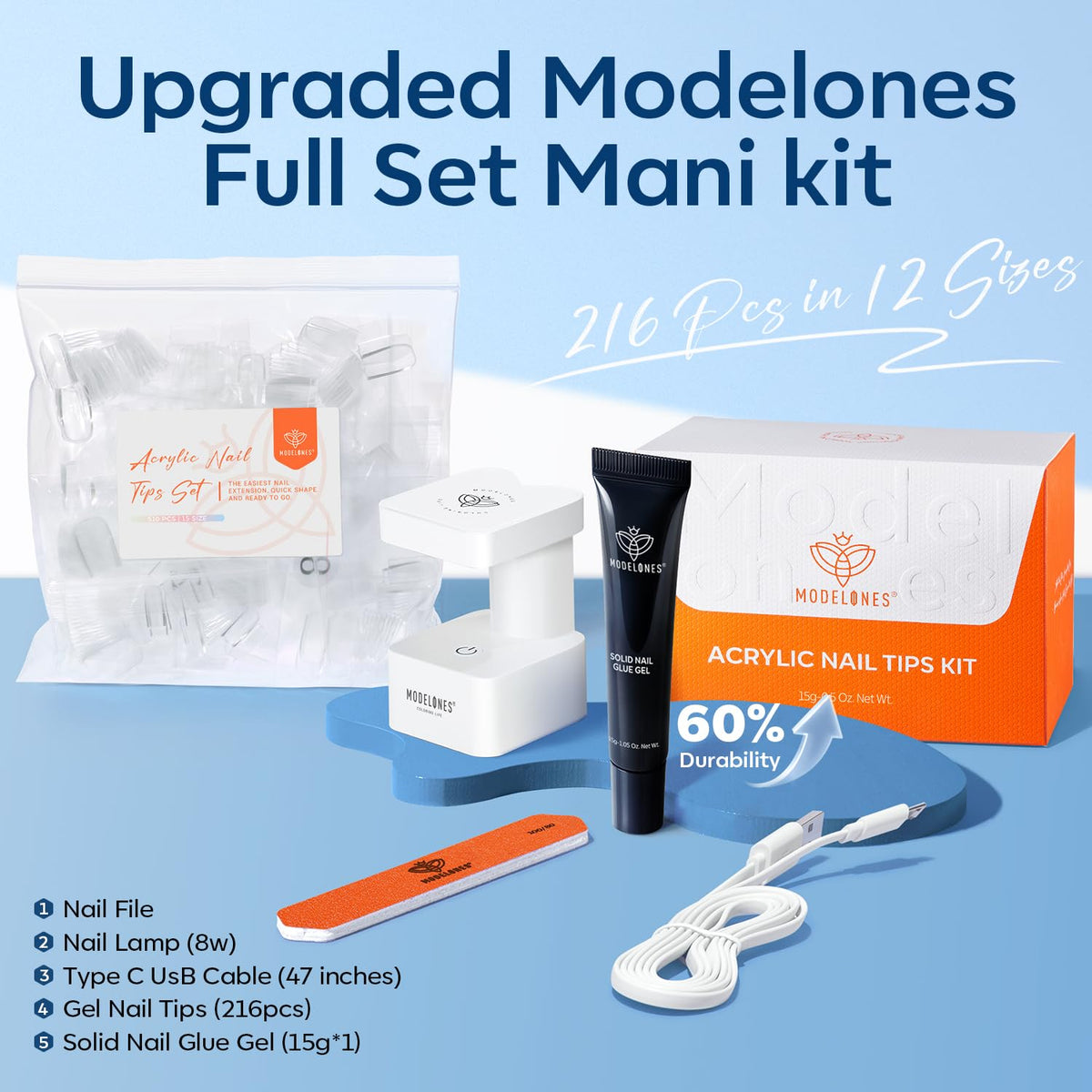 modelones Nail Gel Kit contents including solid nail glue gel and tips